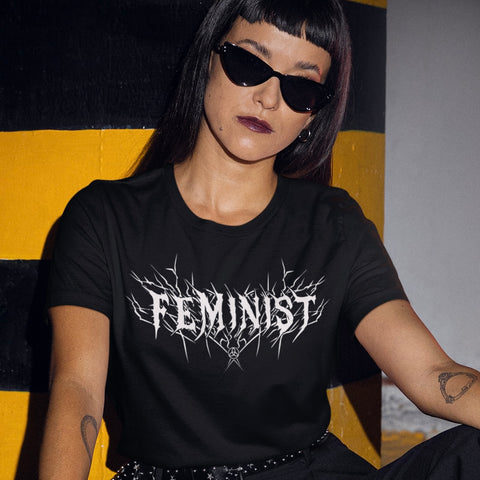 black feminist t-shirt with white heavy metal design- shop feminist trash store for feminist tees, political clothing and dump him shirts