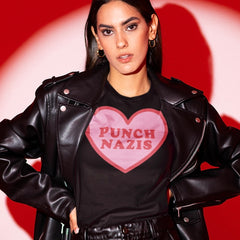 Black Political t-shirt that says punch nazis in red retro font  inside a pink heart- shop Feminist Trash for this anti fascist shirt, acab t-shirts and political clothing