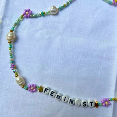 Teal Feminist Beaded Necklace