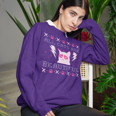 Christmas themed ACAB sweatshirt Featuring a cross stitch styled design of an angry cat with the words all cats are beautiful. Shop feminist trash for ugly Christmas sweatshirts and political clothing