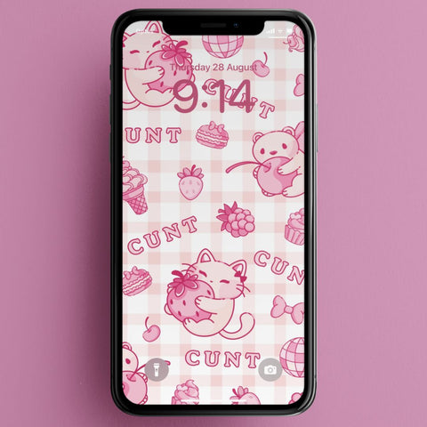 cute phone wallpaper with a cherry and strawberry sweet treat pattern with the word cunt scattered throughout. Shop feminist trash for i phone wallpapers