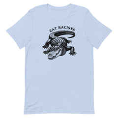 Blue political Tshirt that says eat racists in black writing featuring a black alligator illustration- shop feminist trash for anti racist t-shirts 