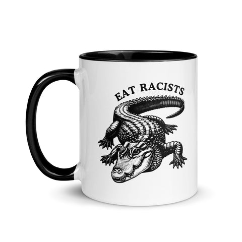 white political mug that says eat racists in black writing with a crocodile illustration- shop feminist trash store for political clothing, feminist apparel and acab t-shirts