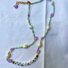 Teal Feminist Beaded Necklace