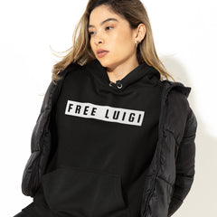 Black Free Luigi Hoodie- Free Luigi Mangione! Shop Feminist Trash for political clothing, ACAB shirts, feminist tees and dump him shirts