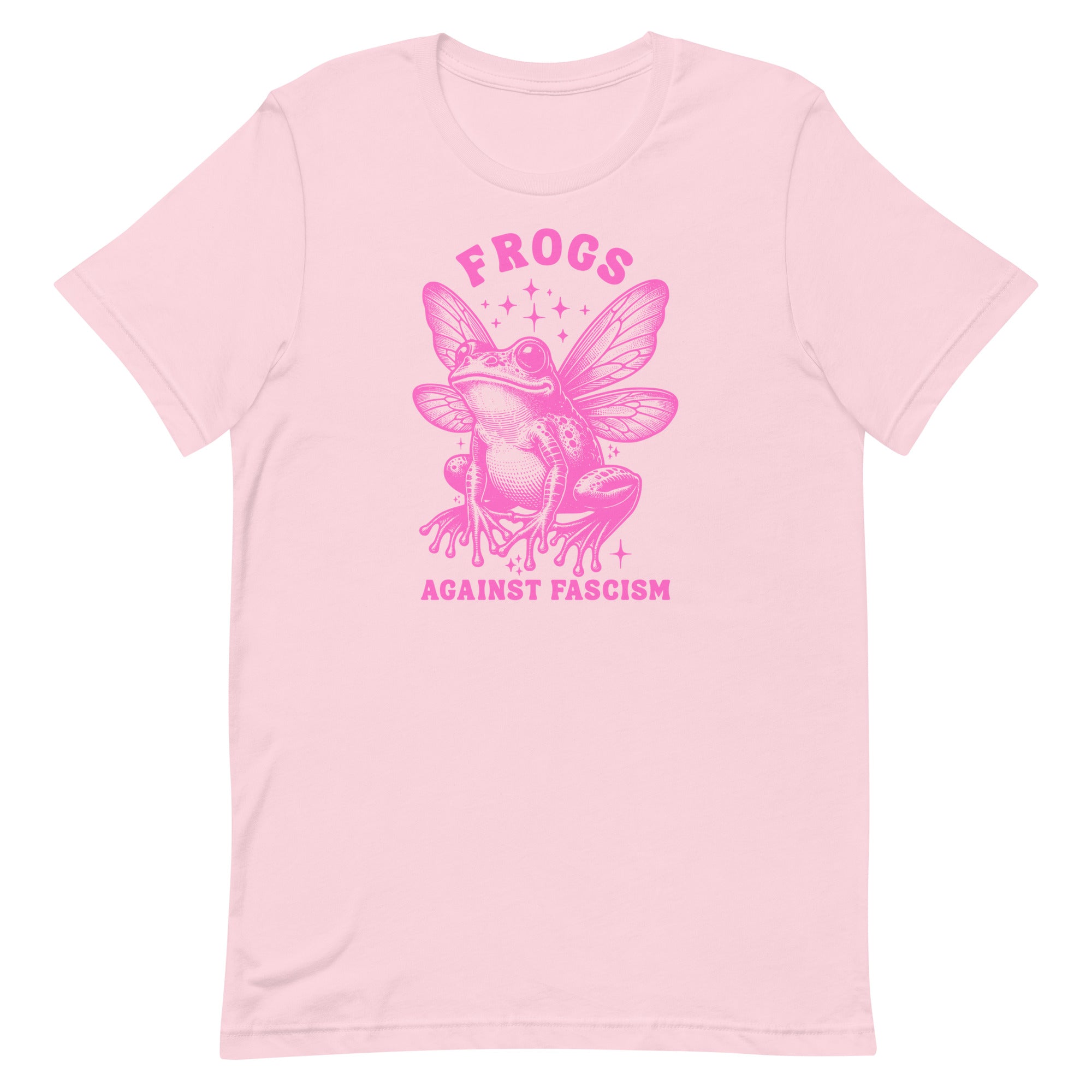 Frogs Against Fascism T-shirt in pink with a bold pink graphic, displayed as a political graphic tee for activists