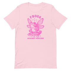 Frogs Against Fascism T-shirt in pink with a bold pink graphic, displayed as a political graphic tee for activists