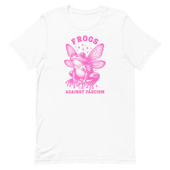 Frogs Against Fascism white t-shirt featuring a cottagecore-inspired frog graphic, perfect for leftist political satire and activist streetwear.