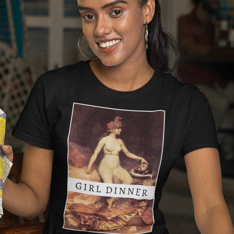 black feminist shirt that days girl dinner  featuring the artwork; Salome with the Head of John the Baptist by Pierre Bonnaud. Shop feminist trash for girls will be girls shirts and feminist clothing.