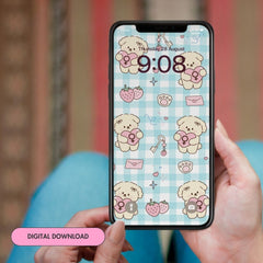 cute kawaii grl pwr pattern phone background featuring cute puppy and strawberry illustrations. Shop feminist trash for cute phone wallpapers and android wallpapers