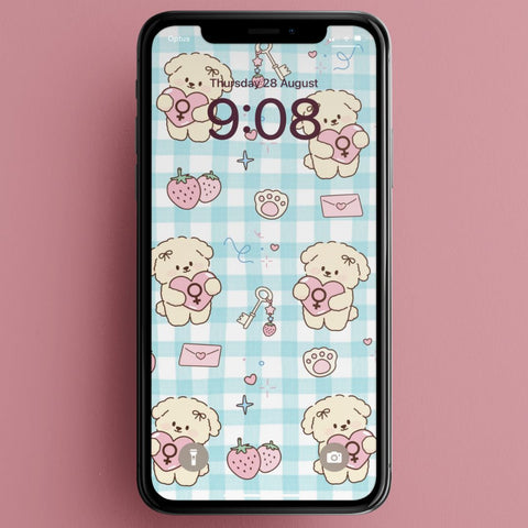 cute kawaii grl pwr pattern phone background featuring cute puppy and strawberry illustrations. Shop feminist trash for cute phone wallpapers and i phone wallpapers