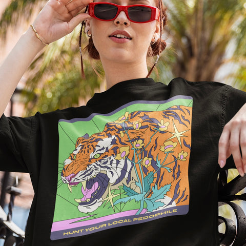 Black feminist political tee that says hunt your local pedophile featuring a tiger illustration- shop Feminist Trash for political clothing and feminist apparel 