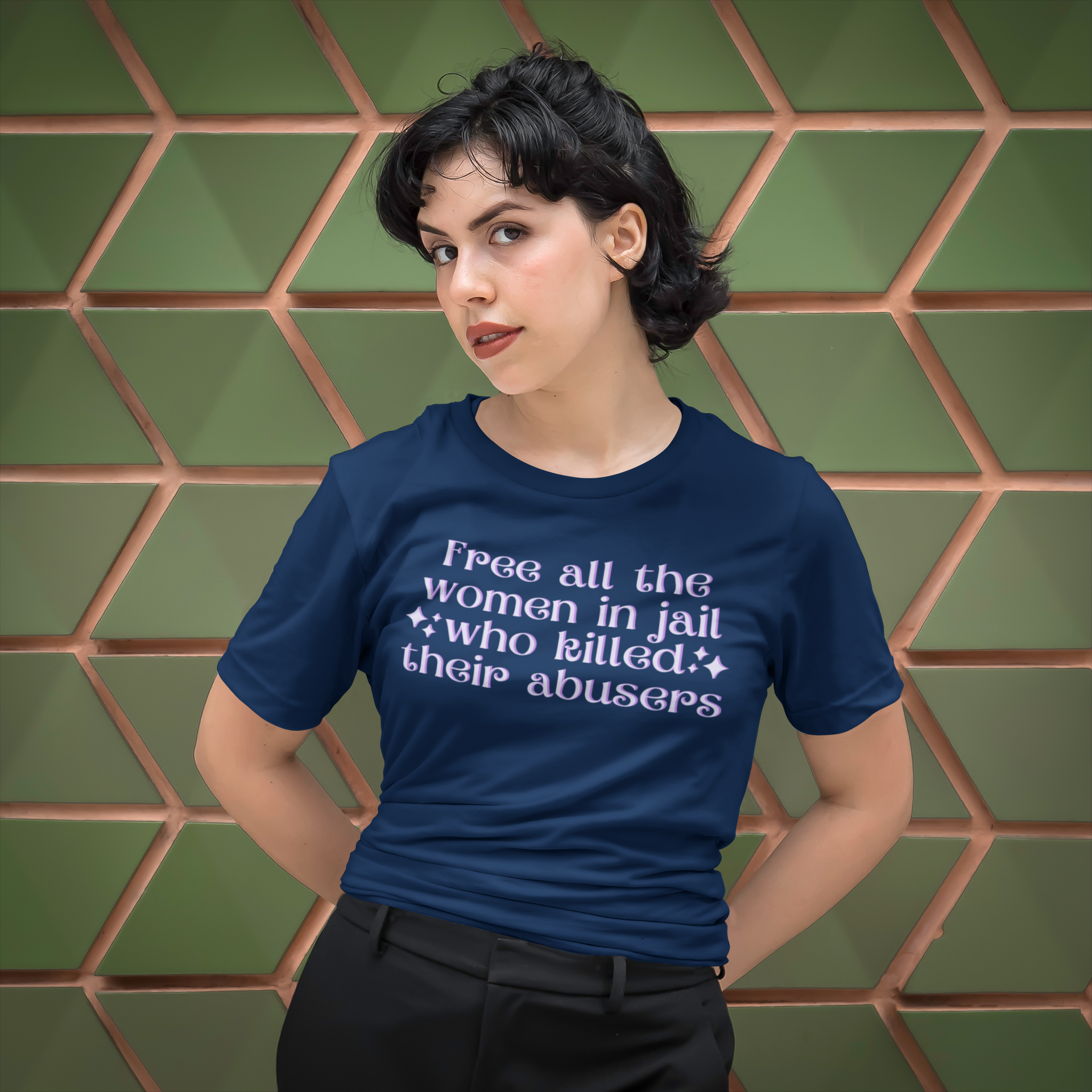 Free All The Women In Jail Who Killed Their Abusers Unisex Feminist T-shirt - Shop Women’s Rights T-shirts - Feminist Trash Store - Oversized Women’s Navy T-shirt