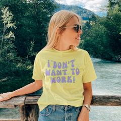 Retro style feminist shirt that says I don't want to work in purple hippy writing- shop feminist apparel