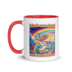 White ceramic mug with a red handle and rim featuring a vibrant 70s-style illustration of a winged unicorn flying over a rainbow and mountains with the text 'I don’t care about men’s loneliness' in a retro bubble font. Shop Feminist Trash for funny feminist mugs