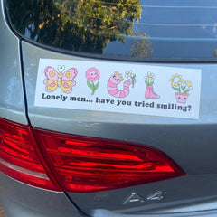 Funny magnetic bumper sticker that says lonely men…have you tried smiling? Featuring retro smiley floral illustrations. Shop feminist trash for funny bumper stickers and feminist merch