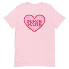 Pink Political t-shirt that says punch nazis in red retro font  inside a pink heart- shop Feminist Trash for this anti fascist shirt, acab t-shirts and political clothing