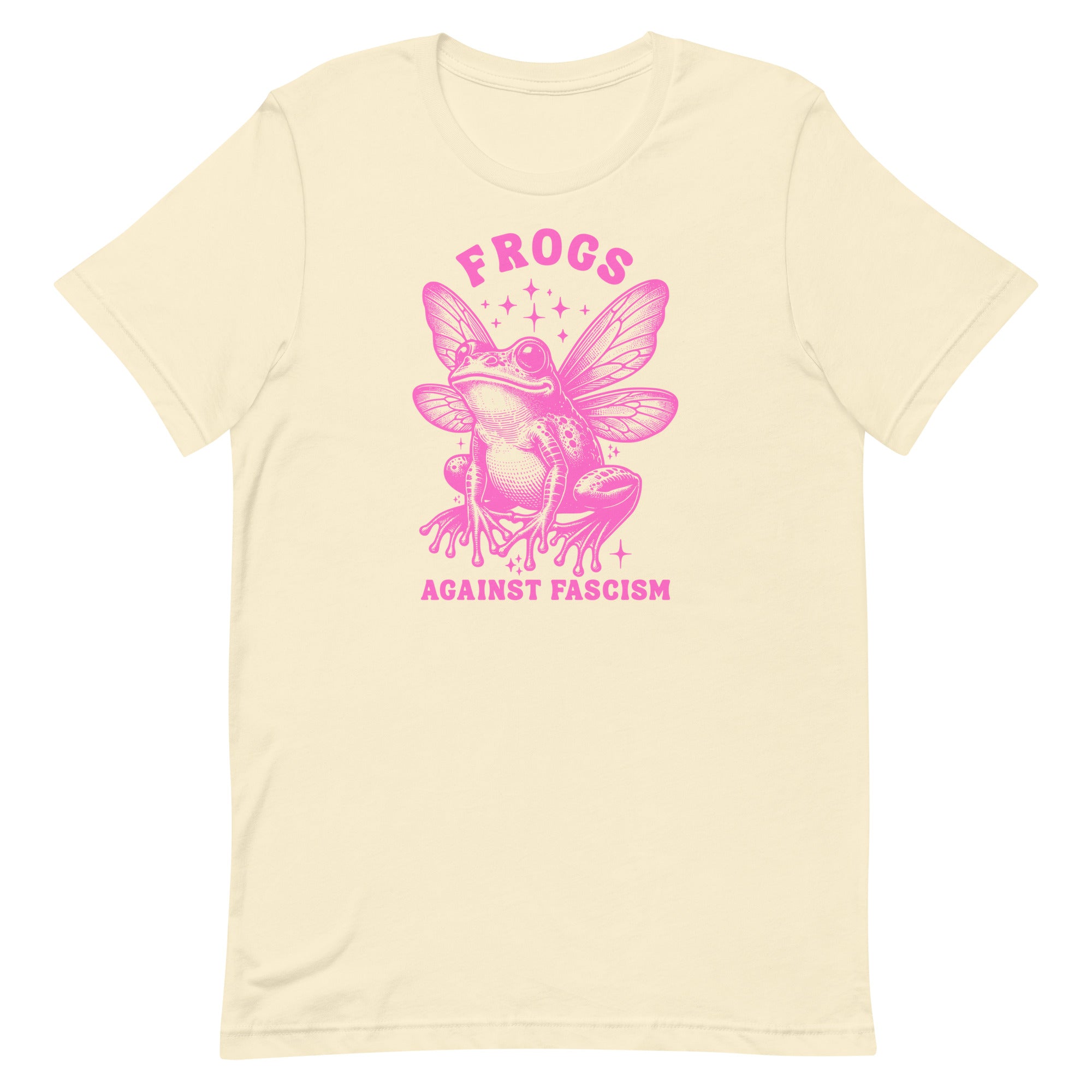 Front view of a unisex natural colour cotton t-shirt featuring a vintage-style frog illustration and the text 'Frogs Against Fascism