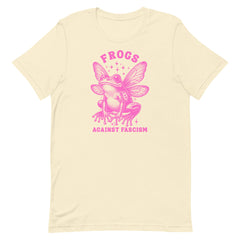 Front view of a unisex natural colour cotton t-shirt featuring a vintage-style frog illustration and the text 'Frogs Against Fascism