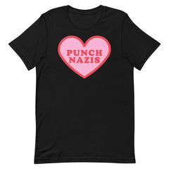 Black Political t-shirt that says punch nazis in red retro font  inside a pink heart- shop Feminist Trash for this anti fascist shirt, acab t-shirts and political clothing