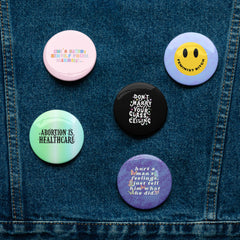 Set of 5 feminist pins, lightweight, sturdy, and easy to put on, with scratch and UV-resistant coating, glossy finish, and vibrant designs- Shop Feminist buttons for the empowered woman