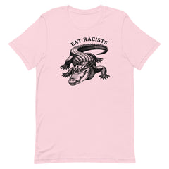 Political Tshirt in pink that says eat racists in black writing- shop Feminist Trash for political clothes 