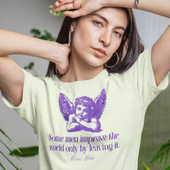 light yellow feminist t-shirt that says the Oscar Wilde quote "some men improve the world only by leaving it" in purple. featuring a purple illustration of a cherub. Shop Feminist Trash for feminist tshirts, political clothing and pride merch.