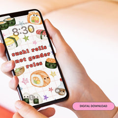 cute sushi phone wallpaper that says sushi rolls not gender rolls in red writing- Shop feminist trash for cute phone backgrounds and android wallpapers