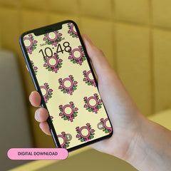 yellow feminist phone background featuring a pink floral venus pattern- shop feminist trash for phone wallpaper backgrounds and android wallpapers