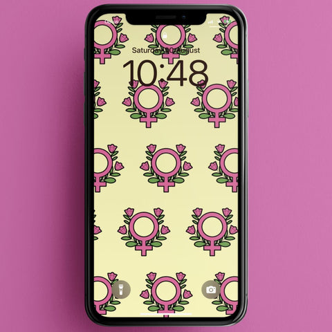 yellow feminist phone background featuring a pink floral venus pattern- shop feminist trash for phone wallpaper backgrounds and i phone wallpapers