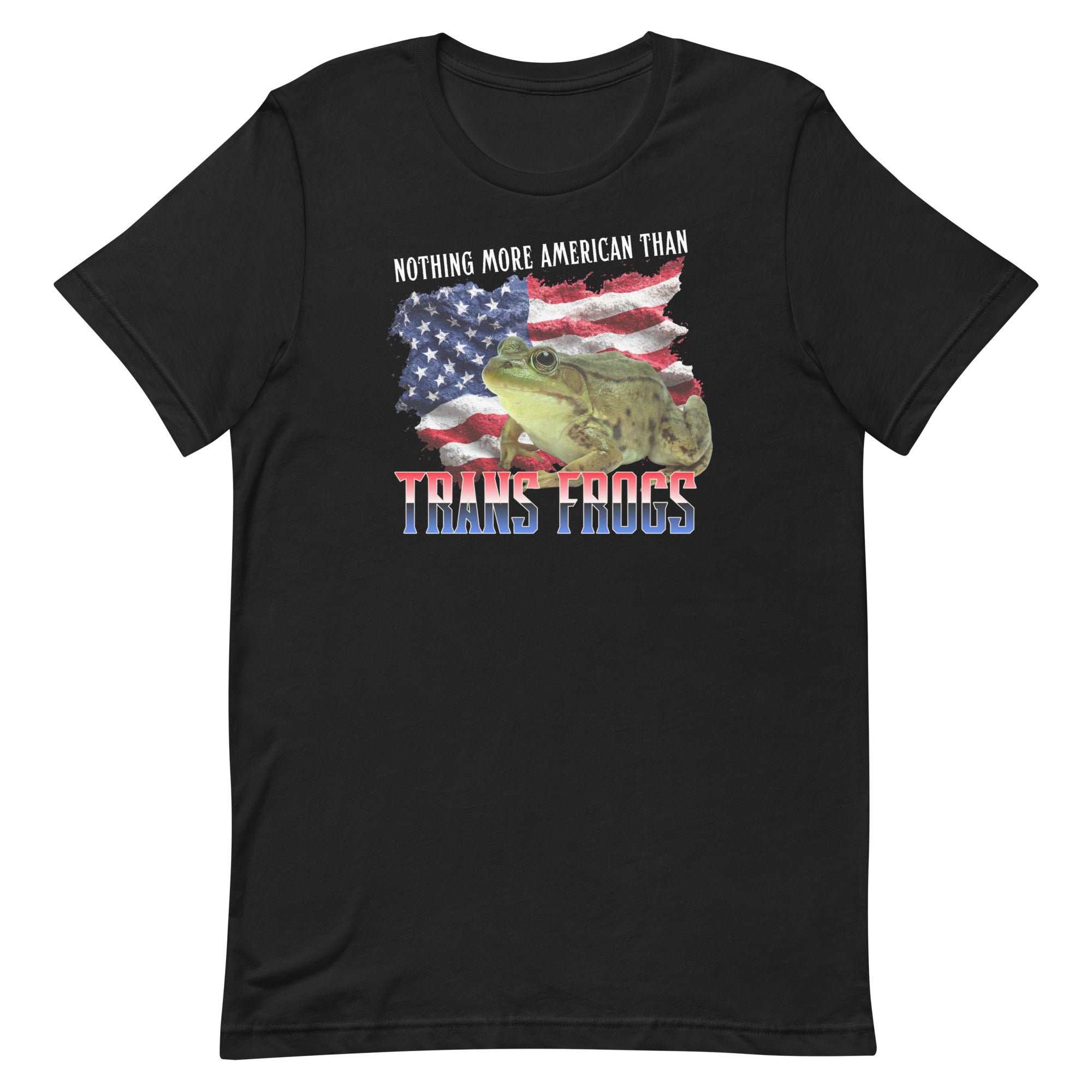 A direct product shot of the satirical Trans Frogs Shirt in vintage black. The design reclaims tacky gas station aesthetics with bold red white and blue text underneath a green American bullfrog graphic