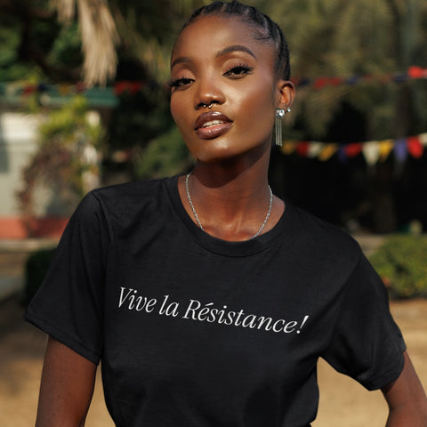 black political tshirt that says Vive la Résistance! in white writing- shop Feminist Trash for political clothing, feminist tees and outfits for pride.