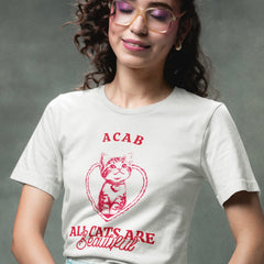 White unisex ACAB t-shirt featuring a cute red cat illustration that says all cats are beautiful- Shop feminist trash for feminist tees, acab shirts, political clothing and dump him shirts.