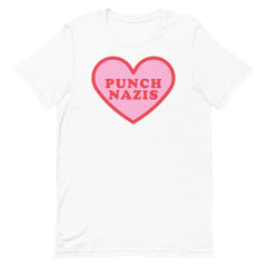 Political t-shirt that says punch nazis in red retro font  inside a pink heart- shop Feminist Trash for this anti fascist shirt, acab t-shirts and political clothing