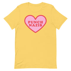 Yellow Political t-shirt that says punch nazis in red retro font  inside a pink heart- shop Feminist Trash for this anti fascist shirt, acab t-shirts and political clothing