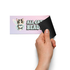 gradient magnetic bumper magnet that says all cat are beautiful in retro light teal writing featuring two cute cat fairy illustrations- shop feminist trash for funny magnetc bumper stickers and political clothing