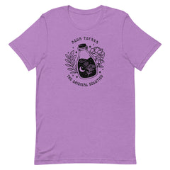 purple feminist shirt that says aqua tofana the original solution in black art nouveau sstyle writing. Featuring a black tattoo style illustration of a poison bottle- Shop feminist trash for feminist tees and dump im shirts.