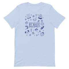 baby blue political t-shirt that says radicalized by basic decency in blue writing featuring cute illustrations- shop feminist trash for political clothing and acab shirts