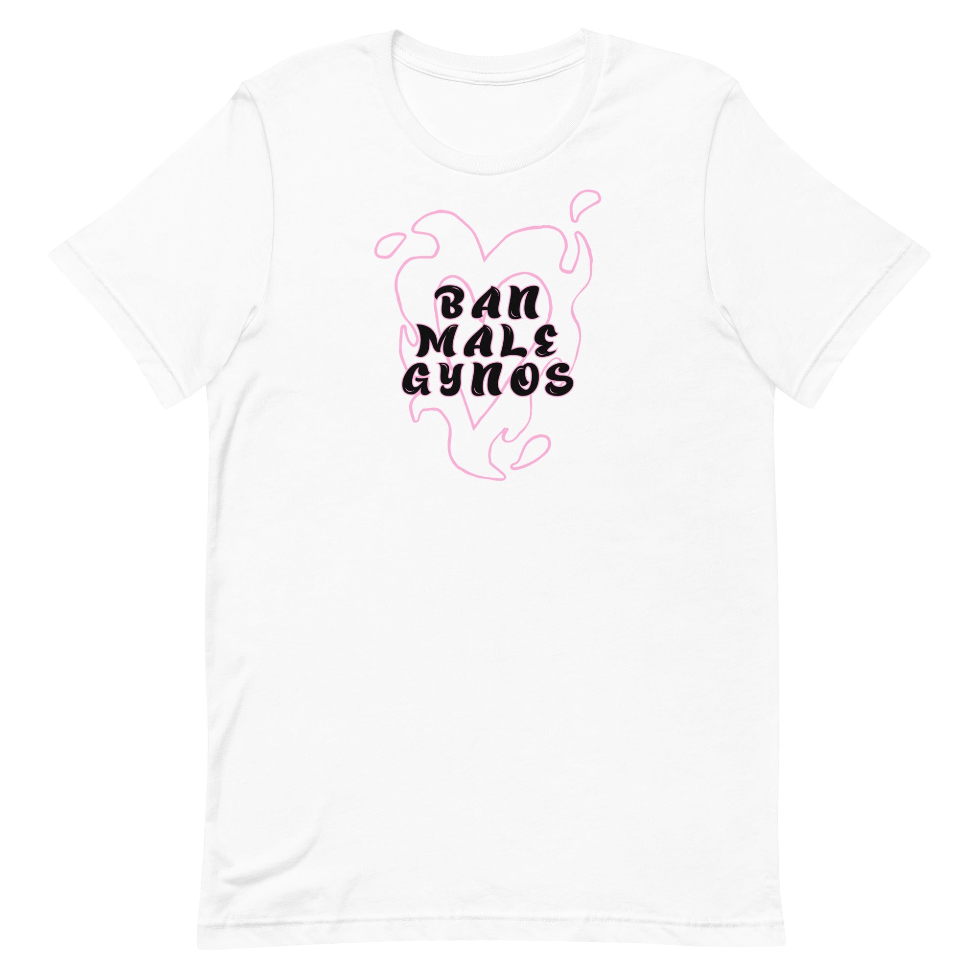 A flat lay product photo of a white unisex cotton feminist t-shirt displaying the text Ban Male Gynos centered inside a pink liquid heart flame design, a political social justice graphic tee from Feminist Trash available for shipping across Canada, the US, and the UK.