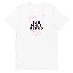 A flat lay product photo of a white unisex cotton feminist t-shirt displaying the text Ban Male Gynos centered inside a pink liquid heart flame design, a political social justice graphic tee from Feminist Trash available for shipping across Canada, the US, and the UK.