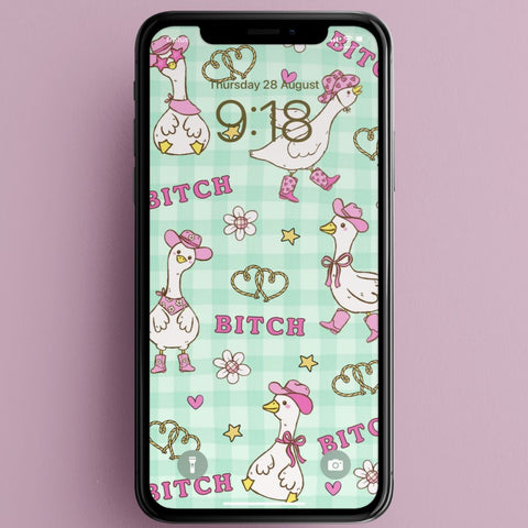 pink and teal funny phone wallpaper of a cowgirl goose pattern with the word bitch scattered through. Shop Feminist Trash for this phone wallpaper background and i phone wallpapers