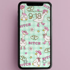 pink and teal funny phone wallpaper of a cowgirl goose pattern with the word bitch scattered through. Shop Feminist Trash for this phone wallpaper background and i phone wallpapers