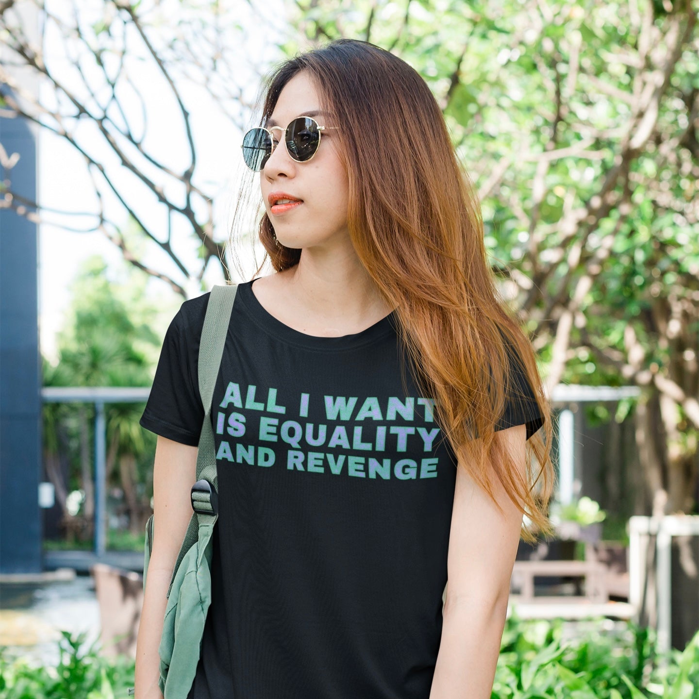 Black feminist t-shirt with the text 'All I Want is Equality and Revenge,' a women’s rights shirt advocating for justice, perfect for feminist t-shirts for a cause