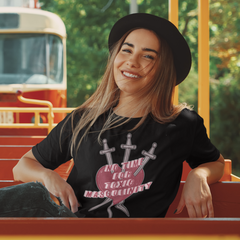 Black feminist t-shirt with 'No Time for Toxic Masculinity' text and Three of Swords tarot imagery, advocating against harmful gender stereotypes. Shop feminist apparel