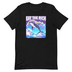 black political tshirt that says eat the rich. Featuring a Lisa Frank style illustration of a whale. Shop Feminist Trash for political t-shirts and feminist apparel