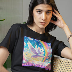 black misandrist t-shirt featuring a angel rainbow cat flying- shop feminist trash for feminist apparel, political clothing and dump him shirts