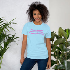 Ocean blue feminist t-shirt boldly stating 'Some Women Want Equality, I Want Revenge,' embodying empowerment, feminism, and determination