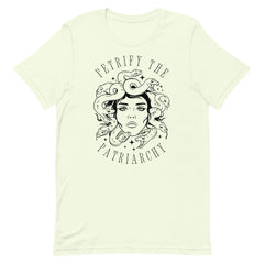light yellow witchy feminist shirt that says petrify the patriarchy featuring a  medusa illustration- Shop feminist trash for feminist t-shirts and  dump him t-shirts