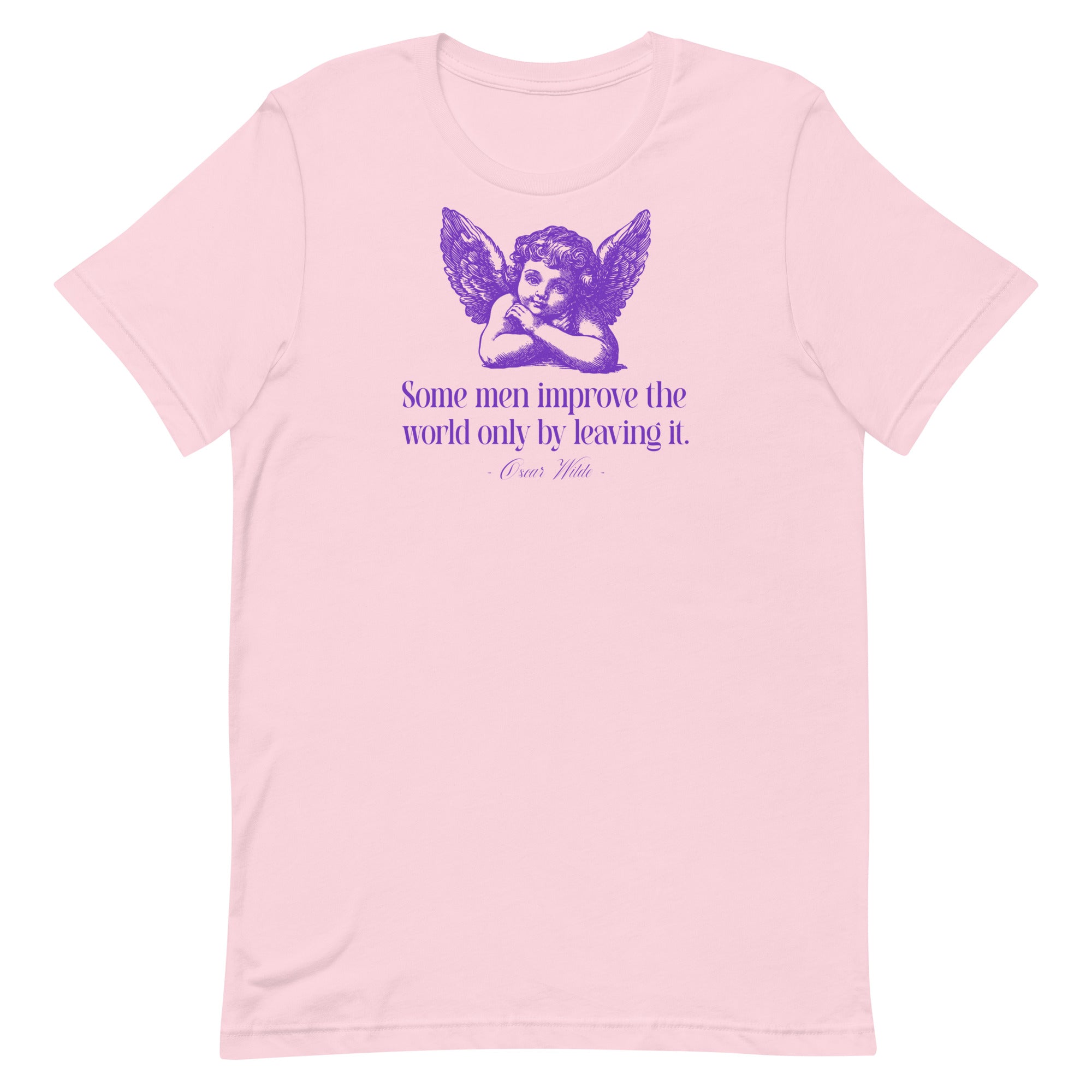 Light pink coquette aesthetic feminist shirt featuring a purple cherub and a snarky Oscar Wilde quote, "Some men improve the world only by leaving it.