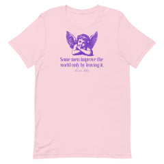 Light pink coquette aesthetic feminist shirt featuring a purple cherub and a snarky Oscar Wilde quote, "Some men improve the world only by leaving it.